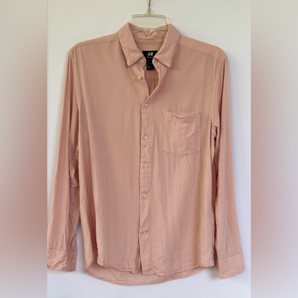 H&M Men’s Linen-Blend Button-Down Shirt – Soft Pink, Long Sleeve, Size Medium